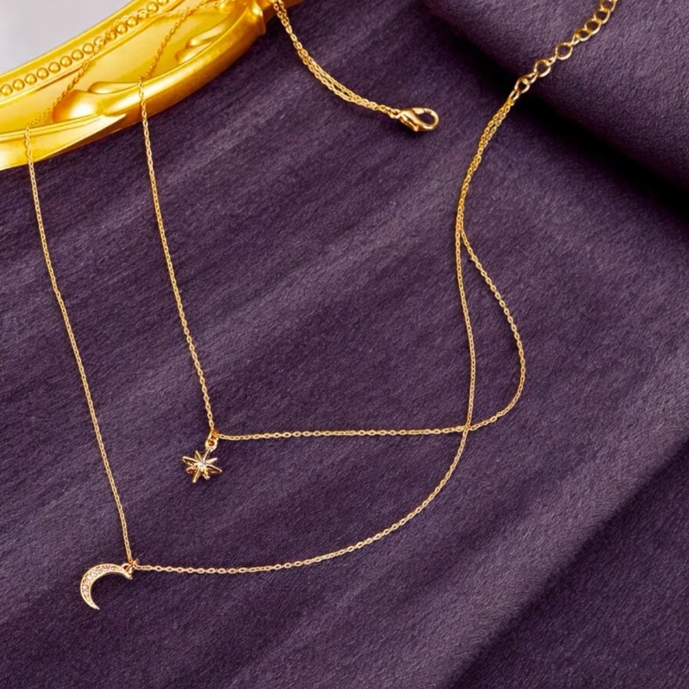 Celestial CZ Moon and Star 18k gold plated layered necklace. New.